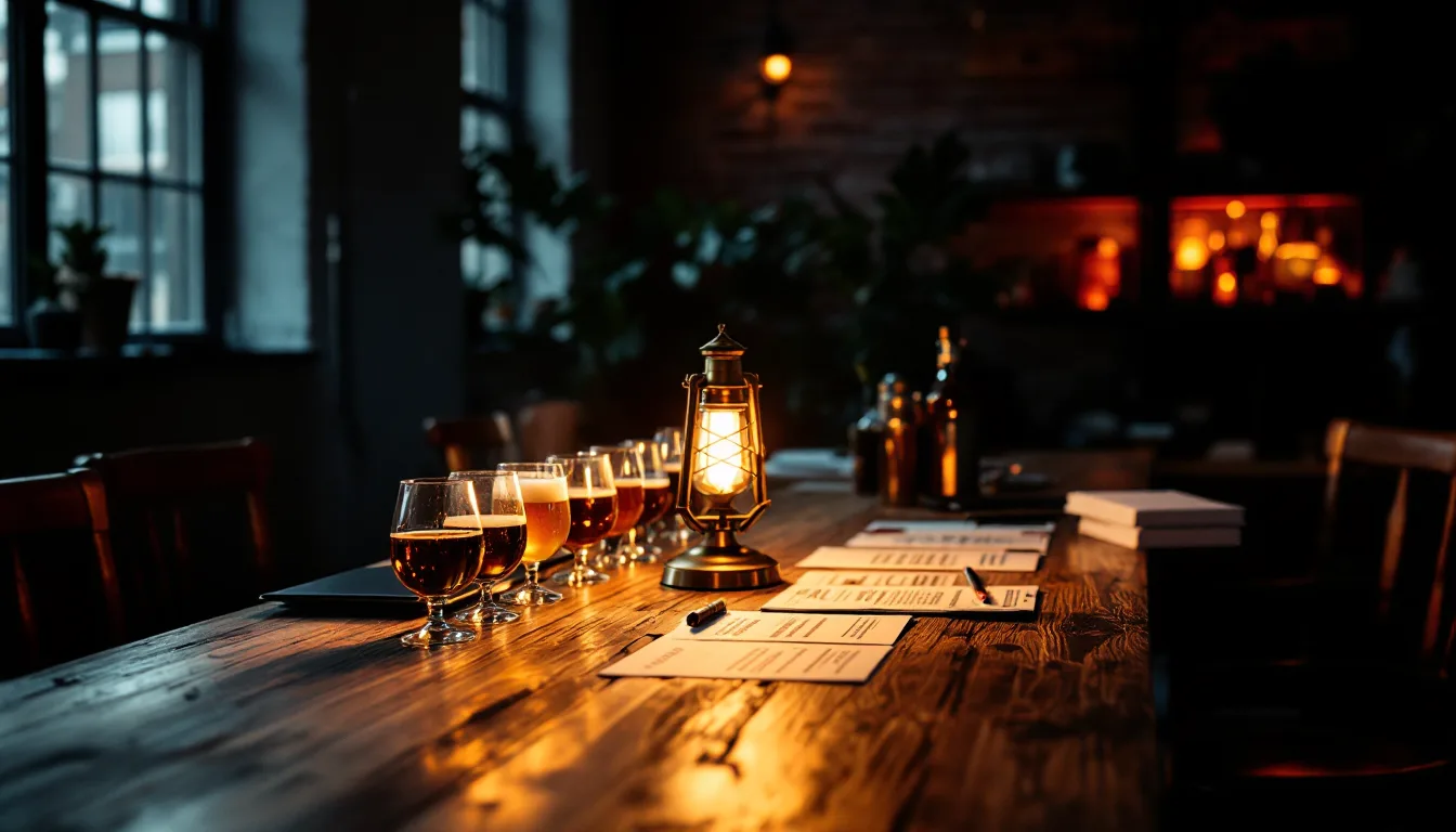 A long walnut desk in a warehouse loft with craft beer cans, a cider bottle and a whiskey bottle lined up beside an edited press release and a lit brass lantern