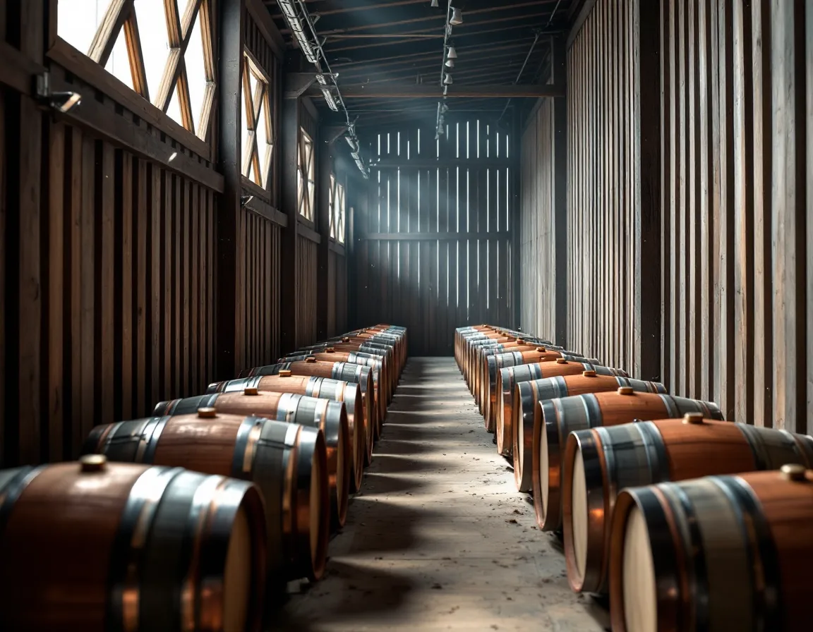 Oak barrels in a timber cider barn, sunlight falling through slatted walls in stripes