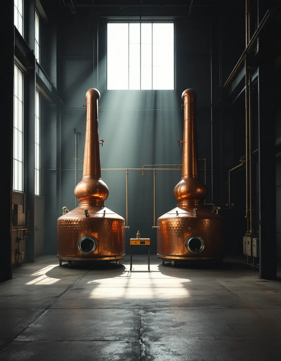 Two copper pot stills centered under tall industrial windows in a quiet still house